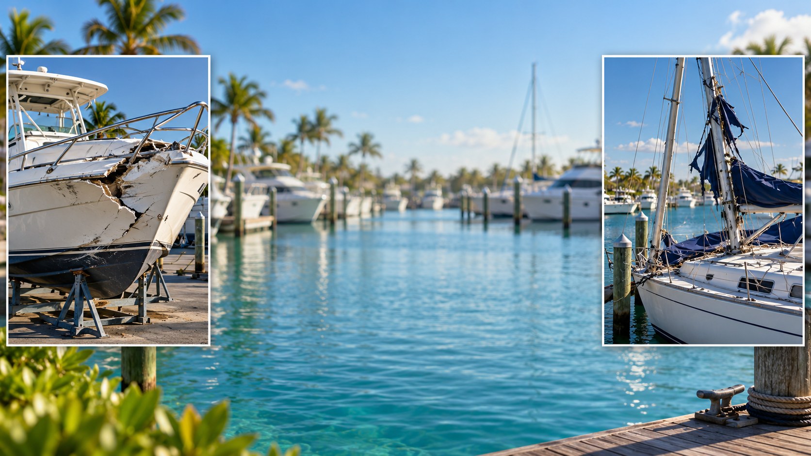 Illustrative marina scene with examples of a damaged motorboat hull and torn sailboat rigging