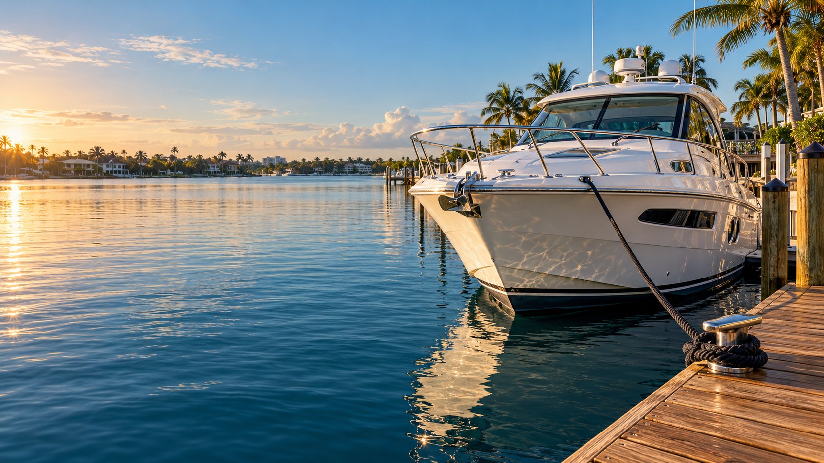 Illustrative motor yacht moored at a sunlit Florida marina